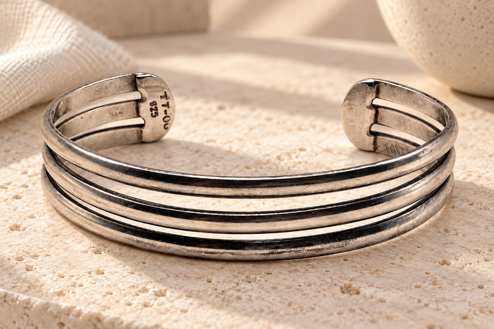 Vintage Taxco TT-06 Sterling Silver 925 Triple Band Cuff Bracelet Modernist